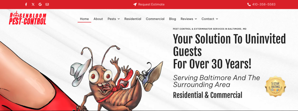 Hero banner for Rosenbloom Pest-Control featuring a cartoon bug mascot and bold 'Your Solution To Uninvited Guests For Over 30 Years!' headline