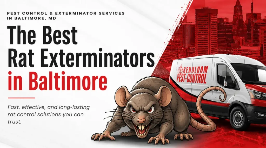 Banner ad for SenBloom Pest-Control: 'The Best Rat Exterminators in Baltimore' featuring an angry rat beside a white-red service van against a city skyline.