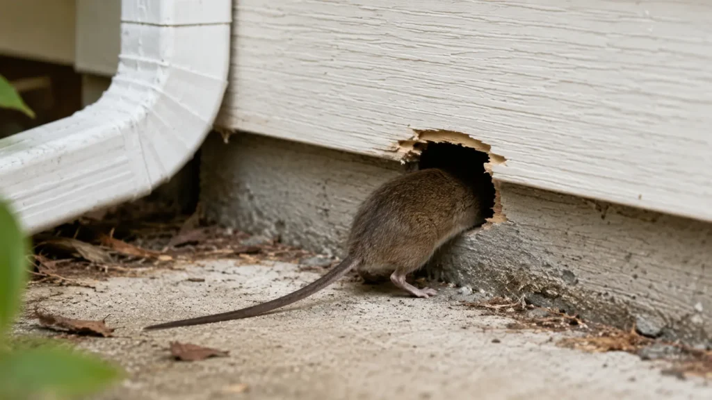 Brown mouse entering a hole in the white wooden siding near the foundation.