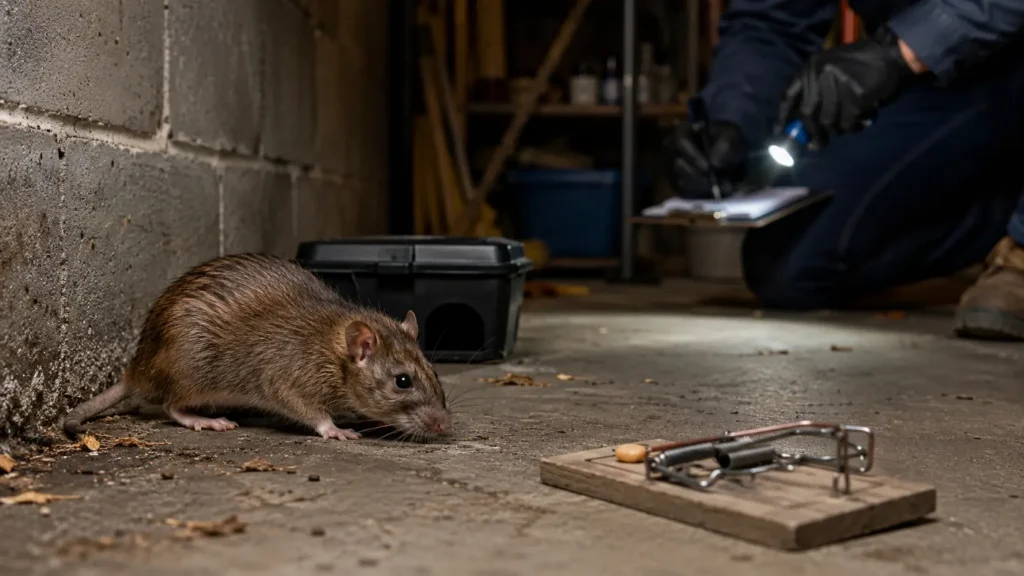 Brown rat on a concrete garage floor near a wooden mousetrap, with a technician in work clothes examining in the background.
