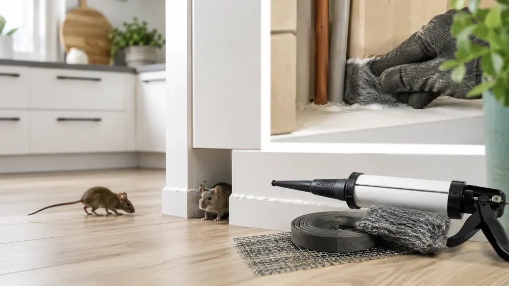Two mice near the base of a kitchen cabinet with pest-control supplies, including mesh and a caulking gun, on the floor nearby.