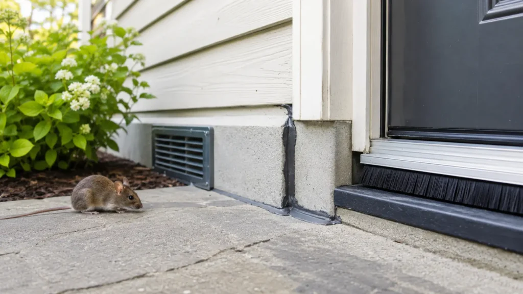 Small mouse on a concrete patio beside light-colored house siding and a vented vent.