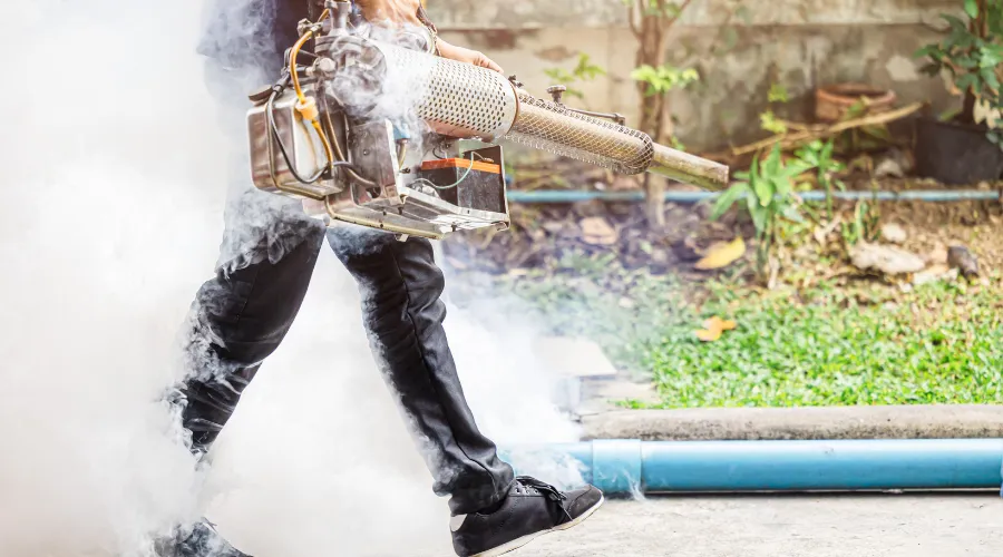 Person using a portable fogging machine to spray mist outdoors on a sidewalk