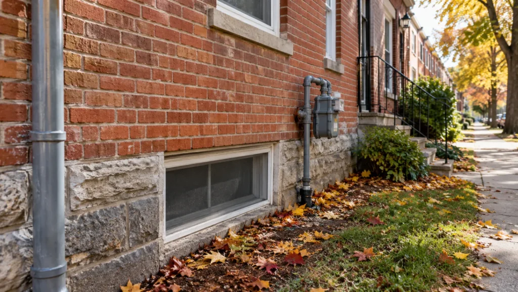 Brick row home exterior in autumn with a basement window, gas meter and utility pipe at the stone foundation, and fallen leaves along the wall