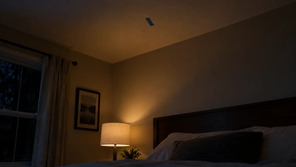 Dimly lit bedroom at night with a lamp on and a small strip of blue painter's tape marking a spot on the ceiling
